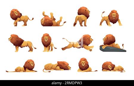 Lion Kollektion. Karikaturmännliche Dschungelkatzen in verschiedenen Stellungen, süße Großkatzen mit Fell und Schwänzen Safari-Ikonen, savana Raubtier. Vektor Stock Vektor
