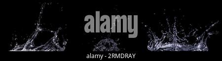 Sammlung von Wasserspritzern auf schwarzem Hintergrund Stockfoto
