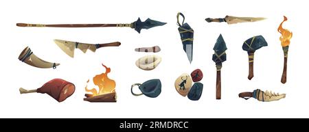 Primitive Werkzeuge. Antikes Steinmesser und scharfer Barbaren-Stab, prähistorische flache Waffe und Werkzeug-Ikonen. Zeichen des Alters, der Zivilisation und der Evolution Stock Vektor