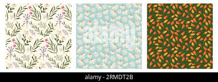 Wildblumenmuster. Nahtloser Druck von Wiesenblüten mit Blättern und Stielen, abstraktes botanisches Blumenmotiv für Stofftapete. Vektorstruktur Stock Vektor