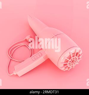 Rosafarbener Haartrockner isoliert auf rosafarbenem Hintergrund 3D-Illustration Stockfoto