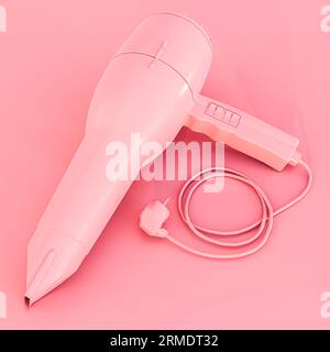 Rosafarbener Haartrockner isoliert auf rosafarbenem Hintergrund 3D-Illustration Stockfoto