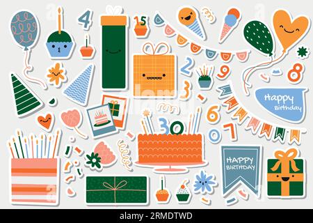 Abstrakte Geburtstagsaufkleber. Bunte Dekorationselemente für Grußkarten, Embleme und Etiketten. Vector Happy and Funny Characters Kollektion Stock Vektor