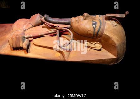 Paris, Frankreich - 08 22 2023: Ramses II. Der große, Gold der Pharaonen. Der Sarkophag von Ramses II Stockfoto