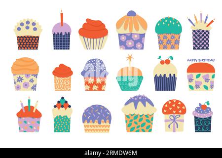 Geburtstagskuchen. Süße Cartoon-Desserts mit bunten Toppings zum Feiern, süße Kinderbäckerei mit Muffins und Cupcakes. Vector Flat Collection Stock Vektor