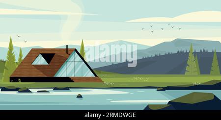 Modernes Haus in Waldlandschaft. Cartoon Cottage im Wald, A-Frame in Park und See, Landhaus mit Kabine und Boot. Vektorlandschaft Stock Vektor