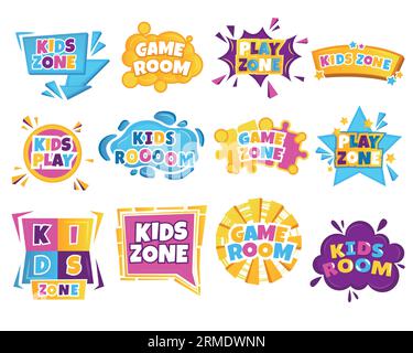 Zonenetikett für Kinder. Zeichentrickfarbenes Kinderspielzimmer mit Spielzeug, Aktivitätskonzept für den Baby-Kindergarten. Vektor-isoliertes Banner Stock Vektor