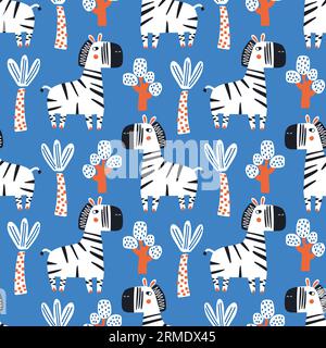 Kindliche nahtlose, sich wiederholende einfache flache Muster mit Zebras auf blauem Hintergrund. Niedliche Tierbabys. Muster für Kinder mit Tieren Stock Vektor