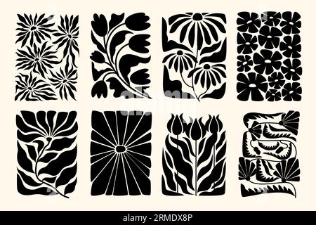 Blumenplakate von Matisse. Abstrakter Kunstdruck mit floralen Elementen der Natur, skandinavische Boho-Groovy abstrakte Kunst im Retro-Stil Vektorsatz Stock Vektor