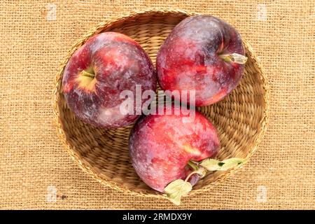 Drei reife, saftige rote Äpfel in einem Strohteller auf einem Jutetuch, Makro, Draufsicht. Stockfoto