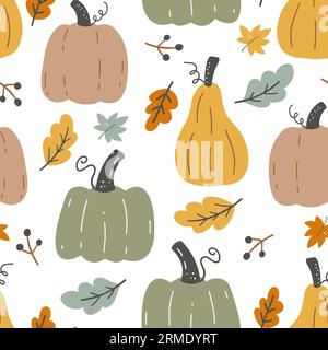 Nahtloses Herbstmuster mit Kürbissen und Blättern auf weißem Hintergrund. Die sich wiederholende Textur der Herbsternte. Endloses Design mit Gemüse. Stock Vektor