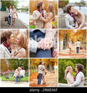 Collage mit einem jungen romantischen Paar, das ein Date hat und gemeinsam in Paris an einem wunderschönen Herbsttag mit bunten Herbstblättern spaziert. Touristen im Urlaub i Stockfoto