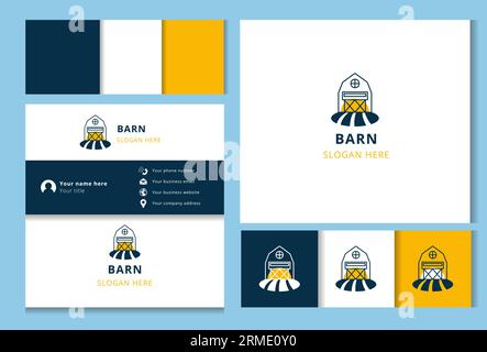 Design mit Stall-Logo und editierbarem Schriftzug. Branding-Buch und Visitenkartenvorlage. Stock Vektor