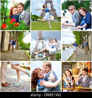 Collage mit einem jungen romantischen Paar, das ein Date hat und gemeinsam in Paris spaziert. Touristen im Urlaub in Frankreich Stockfoto