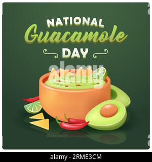 Guacamol. Mexikanisches Essen. Traditionelle Guacamole mit grüner Sauce mit Nachos, Avocado, Chili und Limettenspalten. 3D-Vektorillustration. Lateinamerikanische Nationa Stock Vektor