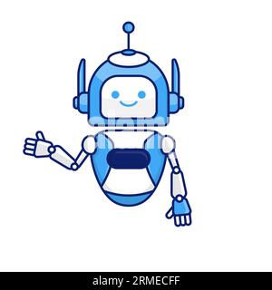 Vektorillustration für Roboter, der Gesten präsentiert oder begrüßt. Niedliche Roboter-Zeichentrickillustration Stock Vektor