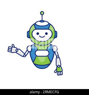 Vektorillustration für Roboter, der Gesten präsentiert oder begrüßt. Niedliche Roboter-Zeichentrickillustration Stock Vektor