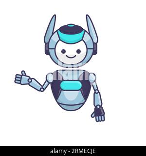 Vektorillustration für Roboter, der Gesten präsentiert oder begrüßt. Niedliche Roboter-Zeichentrickillustration Stock Vektor