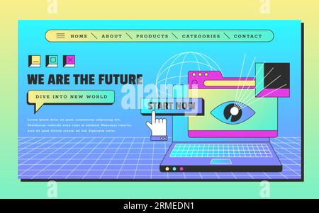 Retro-Vaporwave-Landing-Page. Design-Vorlage für soziale Medien mit Laptop, Browser-Registerkarte und geöffneter Webseite. Computerfenster mit grafischen Aufklebern in flacher Vektorillustration im Vintage-Stil der 90er Jahre Stock Vektor