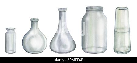 Glasgefäß, Vase. Wasserfarbener, handgezeichneter Clipart, isoliert auf weißem Hintergrund. Umweltfreundliche Küche. Kein Kunststoffkonzept Stockfoto