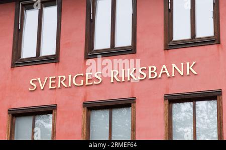 Zeichen und Symbole, Sveriges Riksbank Logo, Uppsala, Schweden. Stockfoto