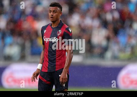 Turin, Italien. 27. August 2023. Dan Ndoye vom Bologna FC schaut im Allianz Stadium während des Spiels der Serie A zwischen Juventus FC und Bologna FC an. Dank: Marco Canoniero/Alamy Live News Stockfoto