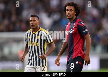 Turin, Italien. 27. August 2023. Joshua Zirkzee vom Bologna FC schaut beim Spiel der Serie A zwischen Juventus FC und Bologna FC im Allianz Stadion an. Dank: Marco Canoniero/Alamy Live News Stockfoto