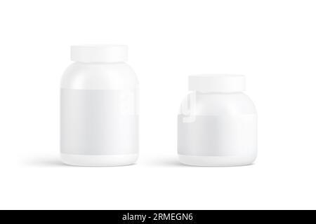 Leeres weißes großes und kleines Protein kann Mockup, Vorderansicht Stockfoto