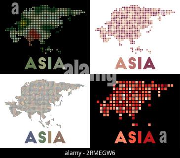 Asien-Karte. Sammlung von Karten von Asien im gepunkteten Stil. Grenzen des Kontinents, gefüllt mit Rechtecken für Ihr Design. Vektorillustration. Stock Vektor