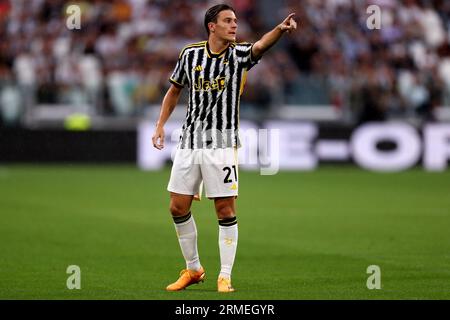 Turin, Italien. 27. August 2023. Nicolo Fagioli vom FC Juventus zeigt während des Fußballspiels der Serie A zwischen dem FC Juventus und dem FC Bologna im Allianz Stadion. Dank: Marco Canoniero/Alamy Live News Stockfoto