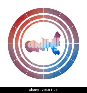 Elba-Emblem. Helles, verlaufendes Logo der Insel im Low-Poly-Stil. Buntes, abgerundetes Elba-Schild mit Karte im geometrischen Stil für Ihre Infografiken. Stock Vektor