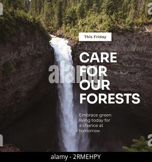 Komposit von diesem freitag, Pflege für unsere Wälder Text über schönen Wasserfall im Wald Stockfoto