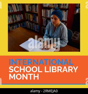 Komposition aus Monatstext der internationalen Schulbibliothek und Biracial Woman in Hijab-Lese-braille Stockfoto