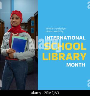 Zusammenstellung von Monatstexten internationaler Schulbibliotheken und Biracial Woman in Hijab-Halten-Büchern Stockfoto