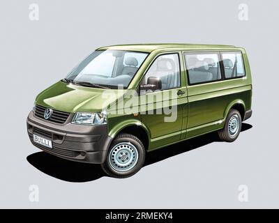 Grüner VW Bulli T5 / Illustration im Vintage-Stil Stockfoto