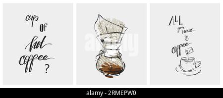 Set mit Kaffeeplakaten, Kalligraphie, Zitaten, mit skizzierten Kaffee-Illustrationen. Trending Vektor-Tinte Skizzenzeichnung Illustrationsset für Coffee Shop und Rest Stock Vektor