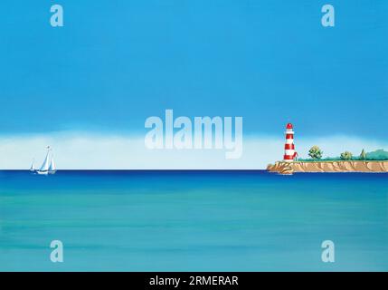 Illustrierte Seascape mit Leuchtturm Stockfoto