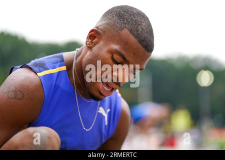 BREDA, NIEDERLANDE - JULI 28: Ramsey Angela aus den Niederlanden nimmt am 1. Tag der niederländischen Leichtathletik-Meisterschaften am 28. Juli 2023 am AV Sprint in Breda, Niederlande, an den 400-m-Hürden der Männer Teil. (Foto: Joris Verwijst/BSR Agency) Stockfoto