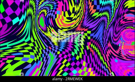 Verzerrter, verdrehter, karierter Hintergrund. Ein abgefahrenes psychedelisches Muster. Stock Vektor