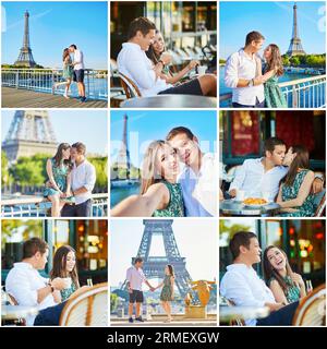 Collage mit einem jungen romantischen Paar, das ein Date hat, zusammen spaziert und Kaffee in Paris trinkt. Touristen im Urlaub in Frankreich Stockfoto