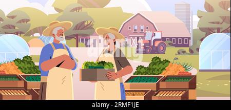 Bauern halten Korb voll mit frischem Gemüse Happy Labor Day Celebration Konzept horizontales Porträt Stock Vektor