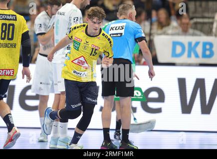 firo: 23/2023 1. Bundesliga-Handball-Supercup-Endspiel Männer THW Kiel - Rhein Neckar Lowen. David More, Neckar Youngster Stockfoto