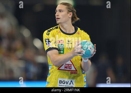 firo: 23/2023 1. Bundesliga-Handball-Supercup-Endspiel Männer THW Kiel - Rhein Neckar Lowen. Single Action, Juri Knorr, Neckar Stockfoto