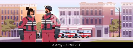 Feuerwehrleute in Uniform in der Nähe der Feuerwehrhausfassade und roter Einsatzfahrzeuge Stock Vektor