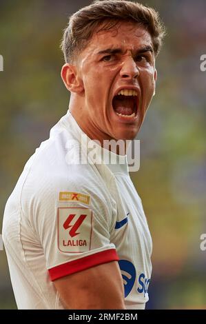 Villareal, Spanien. 27. August 2023. Gavi von Barcelona CF feiert ein Tor während der regulären Runde 3 der La Liga EA Sport zwischen Villareal CF und FC Barcelona im Ceramica Stadion. Villareal CF 3 : 4 FC Barcelona. Quelle: SOPA Images Limited/Alamy Live News Stockfoto