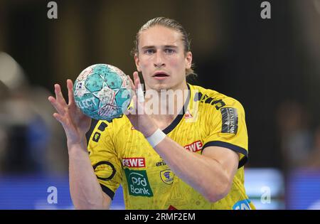 firo: 23/2023 1. Bundesliga-Handball-Supercup-Endspiel Männer THW Kiel - Rhein Neckar Lowen. Single Action, Juri Knorr, Neckar Stockfoto