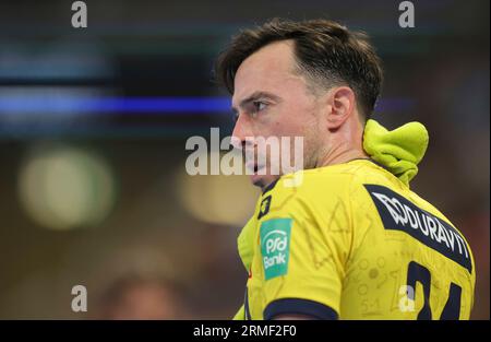 firo: 23/2023 1. Bundesliga-Handball-Supercup-Endspiel Männer THW Kiel - Rhein Neckar Lowen. Geste, enttäuscht, Patrick Groetzki, Neckar Stockfoto