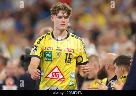 firo: 23/2023 1. Bundesliga-Handball-Supercup-Endspiel Männer THW Kiel - Rhein Neckar Lowen. David More, Neckar Youngster Stockfoto