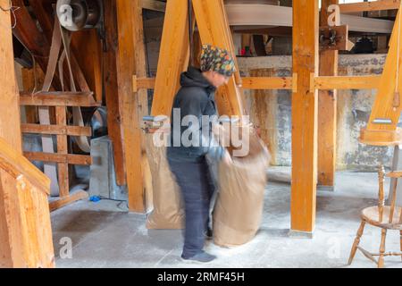 Frau im Säckchen mit Mehl drin Stockfoto