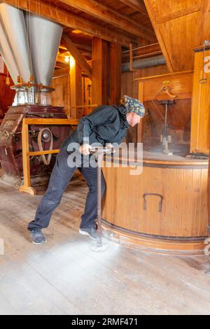 Frau in der Mehlmühle, die Arbeitsmaschinen überprüft Stockfoto